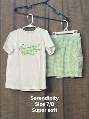 Serendipity Kids White Tee & Light Green Gingham Shorts Pajama Set - Size 7/8